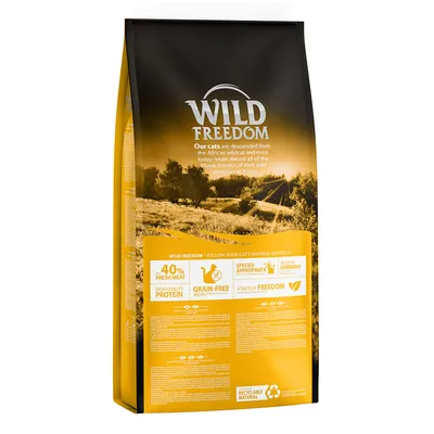 Opakowanie karmy Wild Freedom dla kotów. Widoczne informacje: 40% świeżego mięsa, wysoka zawartość białka, bezzbożowa receptura, wyprodukowano w Niemczech, materiał nadający się do recyklingu.