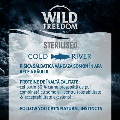 Wild Freedom STERILISED COLD RIVER. Pisica sălbatică vânează somon în apa rece a râului. Proteine de înaltă calitate: cel puțin 30 % carne proaspătă de pui combinată cu somon.