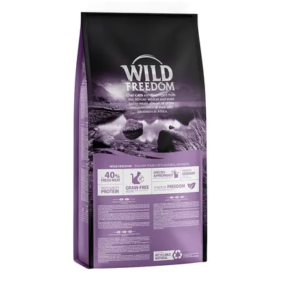 Wild Freedom kattenvoer, 40% vers vlees, graanvrij, hoogwaardig eiwit, soortgeschikt, gemaakt in Duitsland, recyclebaar materiaal. Engelstalige tekst op verpakking.