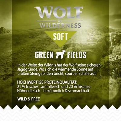 Wolf of Wilderness Soft Green Fields. Hochwertige Proteinqualität: 21 % frisches Lammfleisch und 20 % frisches Hühnerfleisch – bekömmlich & schmackhaft. Wild & Free.