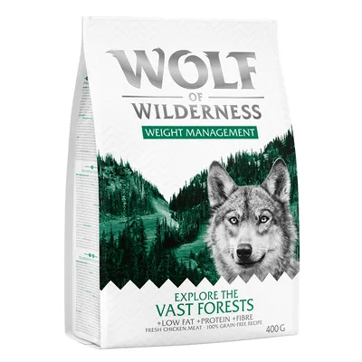 Wolf of Wilderness Weight Management, Explore the Vast Forests, 400 g, +Low Fat +Protein +Fibre, Fresh Chicken Meat, 100% Grain-Free Recipe visibles sur l’emballage.