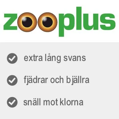zooplus. extra lång svans, fjädrar och bjällra, snäll mot klorna.