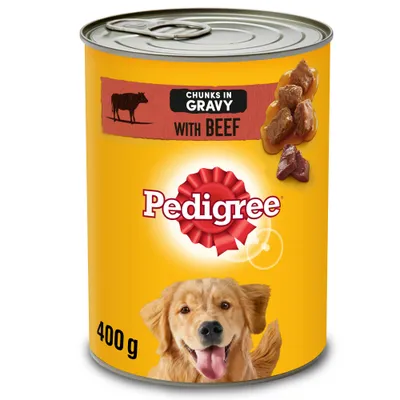 400g can labelled Pedigree, chunks in gravy with beef, showing pieces of meat and product branding.