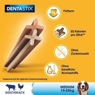DENTASTIX, conținut scăzut de grăsimi, 82 calorii per baton, fără adaos de zahăr, fără arome artificiale. GESCHMACK. MEDIUM 10–25 kg. Text în germană.