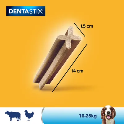 DENTASTIX baton, dimensiuni vizibile: 14 cm lungime, 1,5 cm lățime. Pictograme vacă și pui. Text: 10–25 kg. Imagine cu cap de câine în colțul dreapta jos.