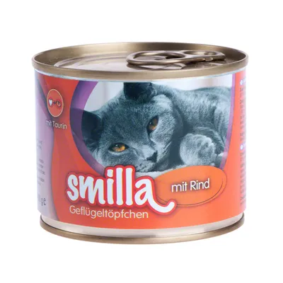 Burk med kattmat, varumärke smilla. Text på burken: mit Rind, Geflügeltöpfchen, mit Taurin. Bild på grå katt på etiketten.