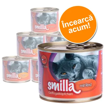 Conserve Smilla cu imagine de pisică, text vizibil: „smilla mit Rind Geflügeltöpfchen”, etichetă portocalie cu mesajul „Încearcă acum!”