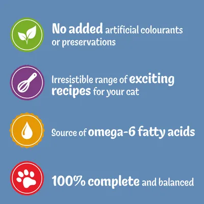 No added artificial colourants or preservatives, exciting recipes for your cat, source of omega-6 fatty acids, 100% complete and balanced.