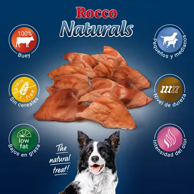 Rocco Naturals. Orejas de buey 100 %, sin cereales, bajos en grasa. Indicados para perros pequeños y medianos. Nivel de dureza e intensidad del olor mostrados con iconos.