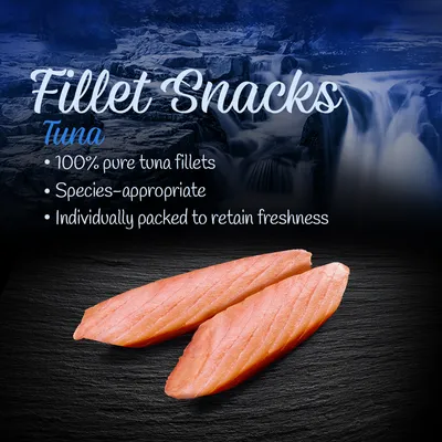 Fillet Snacks Tuna: 100% pure tuna fillets, species-appropriate, individually packed to retain freshness.