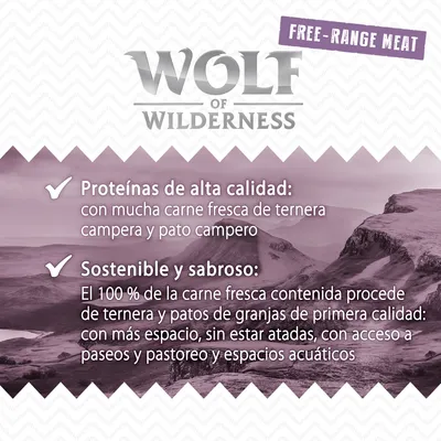 Wolf of Wilderness. Free-range meat. Proteínas de alta calidad: carne fresca de ternera campera y pato campero. Sostenible y sabroso: carne de granjas con espacio, pastoreo y acceso acuático.