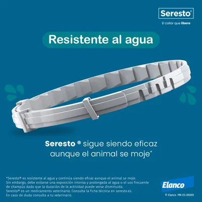 Collar Seresto resistente al agua. Texto: 'Seresto sigue siendo eficaz aunque el animal se moje'. Marca Elanco visible en la esquina inferior derecha.