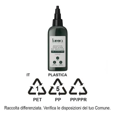 kooa Sensitive Tear Stain Remover Zinc & Aloe Vera, flacone con etichetta, simboli riciclaggio plastica PET 1, PP 5, PP/PPR e testo: Raccolta differenziata. Verifica le disposizioni del tuo Comune.