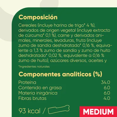 Composición: cereales, derivados vegetales, carne y derivados animales, minerales, levaduras, fruta. Componentes analíticos: proteína 34 %, grasa 6 %, materia inorgánica 6 %, fibra 4 %. 93 kcal. MEDIUM.
