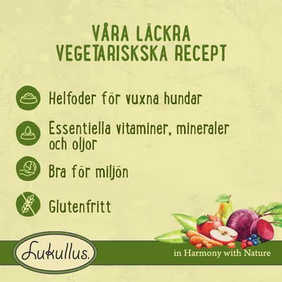Våra läckra vegetariska recept: Helfoder för vuxna hundar, essentiella vitaminer, mineraler och oljor, bra för miljön, glutenfritt. Lukullus. in Harmony with Nature.