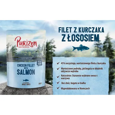 Purizon Chicken Fillet with Salmon, 300 g. Filet z kurczaka z łososiem. 45% filet z kurczaka, wartościowe podroby, starannie wybrane owoce i warzywa, bez zbóż, wyprodukowana w Niemczech.