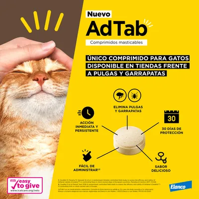 Nuevo AdTab comprimidos masticables para gatos. Único comprimido disponible en tiendas frente a pulgas y garrapatas. Acción inmediata, 30 días de protección, fácil de administrar, sabor delicioso.