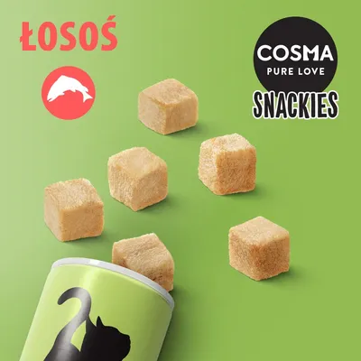 COSMA PURE LOVE SNACKIES, łosoś. Przysmak dla kota w formie sześciennych kawałków, opakowanie z sylwetką kota na zielonym tle.