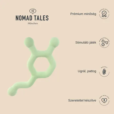 Nomad Tales München zöld kutyajáték. Prémium minőség, stimuláló játék, ugrál, pattog, szeretettel készítve feliratok és ikonok láthatók.