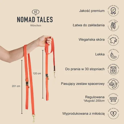 Smycz Nomad Tales München, długość 201 cm i 120 cm, regulowana, wegańska skóra, lekka, do prania w 30°C, jakość premium. Widoczne cechy: łatwa do zakładania, pasujący zestaw spacerowy.