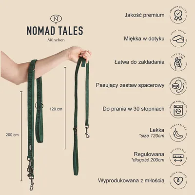 Smycz Nomad Tales München, długość 120 cm i 200 cm, regulowana, lekka, miękka w dotyku, do prania w 30°C. Widoczne teksty: jakość premium, łatwa do zakładania, pasujący zestaw spacerowy.