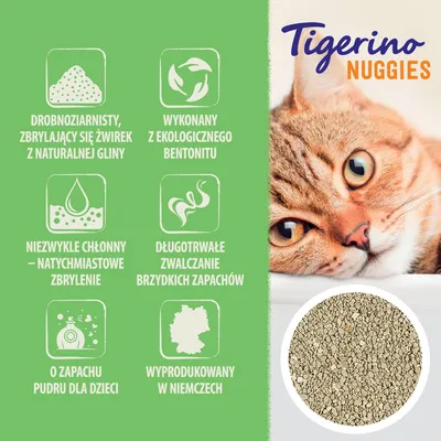 Tigerino Nuggies. Drobnoziarnisty, zbrylający się żwirek z naturalnej gliny, ekologiczny bentonit, natychmiastowe zbrylenie, długotrwałe zwalczanie zapachów, zapach pudru, wyprodukowany w Niemczech.