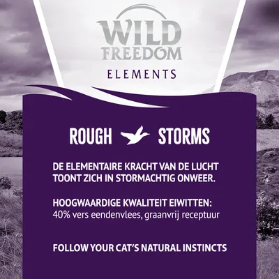 Wild Freedom Elements. Rough Storms. Hoogwaardige kwaliteit eiwitten: 40% vers eendenvlees, graanvrij receptuur. De elementaire kracht van de lucht toont zich in stormachtig onweer.