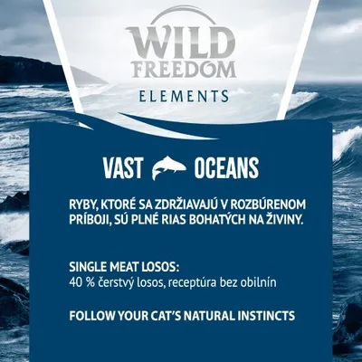 Wild Freedom Elements Vast Oceans. Ryby v rozbúrenom príboji, plné rias bohatých na živiny. Single meat losos: 40 % čerstvý losos, receptúra bez obilnín. Follow your cat’s natural instincts.