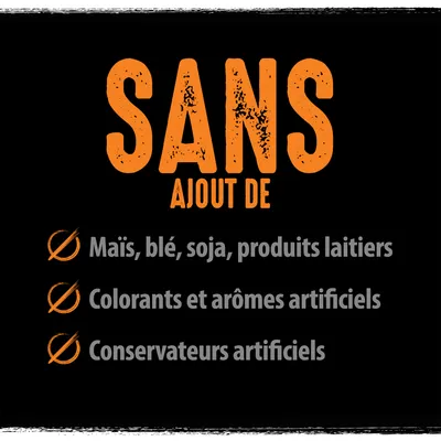 SANS ajout de : maïs, blé, soja, produits laitiers, colorants et arômes artificiels, conservateurs artificiels. Texte en français belge visible sur l’image.