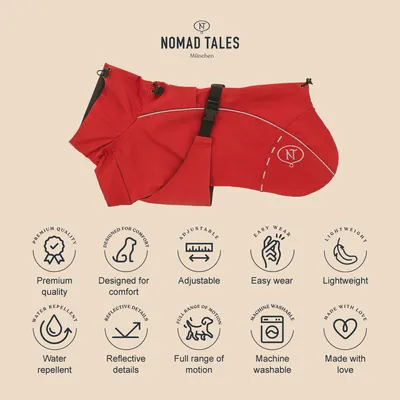 Nomad Tales München hondenjas in rood. Kenmerken: premiumkwaliteit, comfortabel design, verstelbaar, gemakkelijk aan te trekken, waterafstotend, reflecterende details, volledige bewegingsvrijheid, machinewasbaar.