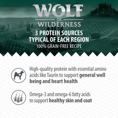 Wolf of Wilderness. Three protein sources typical of each region. 100% grain-free recipe. High-quality protein with taurine for well-being and heart health. Omega-3 and 6 for skin and coat.