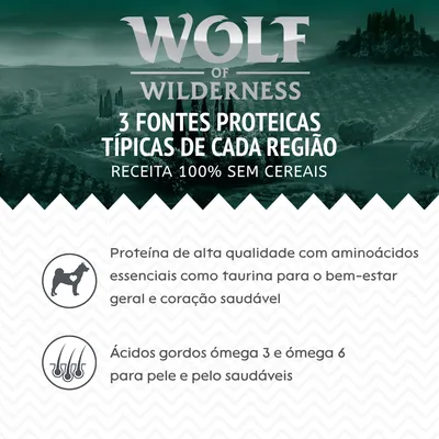 Wolf of Wilderness. 3 fontes proteicas típicas de cada região. Receita 100% sem cereais. Proteína de alta qualidade com aminoácidos essenciais e ácidos gordos ómega 3 e 6.