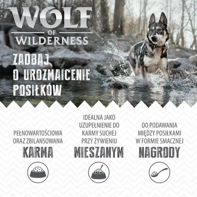 Wolf of Wilderness. Zadbaj o urozmaicenie posiłków. Pełnowartościowa i zbilansowana karma, idealna do karmy suchej przy żywieniu mieszanym lub jako nagroda między posiłkami.