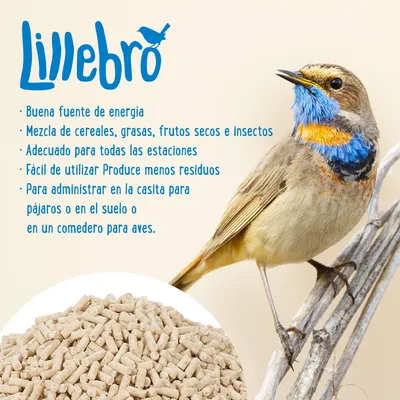 Lillebro. Buena fuente de energía, mezcla de cereales, grasas, frutos secos e insectos. Adecuado para todas las estaciones. Fácil de utilizar. Para casita o comedero para aves.