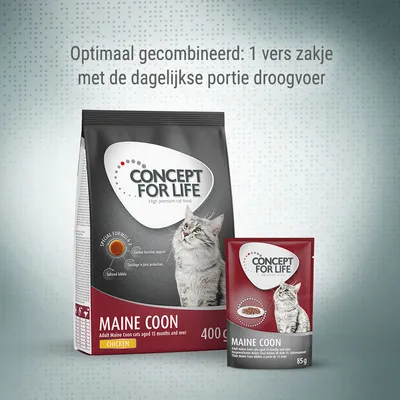 CONCEPT FOR LIFE Maine Coon kattenvoer, zak 400 g en verszakje 85 g, smaak kip. Tekst: Optimaal gecombineerd: 1 vers zakje met de dagelijkse portie droogvoer. CONCEPT FOR LIFE Maine Coon kattenvoer, zak 400 g en verszakje 85 g, smaak kip. Tekst: Optimaal gecombineerd: 1 vers zakje met de dagelijkse portie droogvoer.