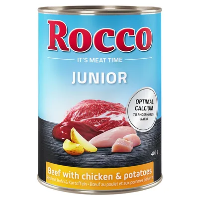 Rocco JUNIOR dåse 400 g, Beef with chicken & potatoes. Synligt kød, kartoffelstykker. Tekst: IT'S MEAT TIME, OPTIMAL CALCIUM TO PHOSPHORUS RATIO.