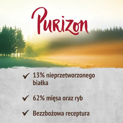 Purizon. 13% nieprzetworzonego białka, 62% mięsa oraz ryb, bezzbożowa receptura