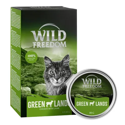 Boîte et barquette de nourriture pour chat Wild Freedom Green Lands, 100 % grain-free recipe, chicken with lamb, 6 x 85 g, texte en anglais sur l’emballage.
