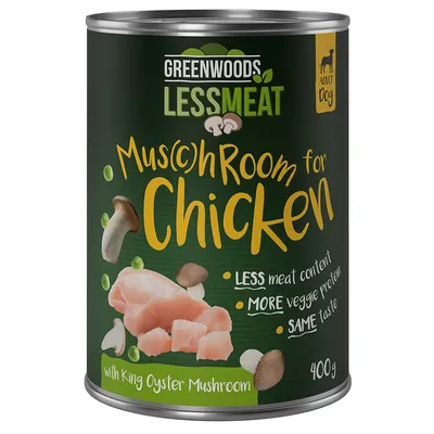 Greenwoods Less Meat Mus(c)hroom til kylling, voksen hund, mindre kødindhold, mere planteprotein, samme smag, med kejserhat, 400g.