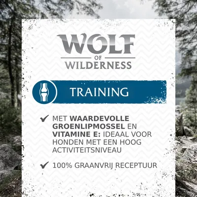 Wolf of Wilderness Training. Met waardevolle groenlipmossel en vitamine E: ideaal voor honden met een hoog activiteitsniveau. 100% graanvrij receptuur.