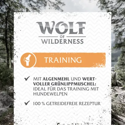 Wolf of Wilderness Training. Z alginsko moko in dragoceno zelenousto školjko, idealno za trening pasjih mladičev. 100 % brez žit.