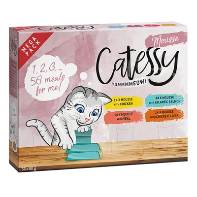 Catessy Mousse Mega Pack, 56 posiłków: 14x kurczak, 14x łosoś atlantycki, 14x cielęcina, 14x wątróbka z kurczaka. Opakowanie z kotem i miską. Waga całkowita: 56x90g.