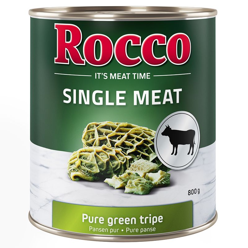 Консерва Rocco Single Meat, 800 г. Видны куски зелёного рубца, надписи: SINGLE MEAT, Pure green tripe, изображение коровы. Текст на английском и французском языках.