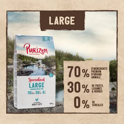 Purizon Specialised Large Chicken with Fish pour grands chats, 6,5 kg. 70 % ingrédients premium d’origine animale, 30 % fruits/légumes/herbes, 0 % céréales. Texte en anglais sur l’emballage.