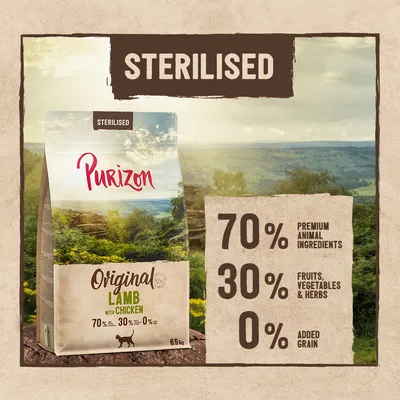 Purizon Original Lamb with Chicken Sterilised, 6,5 kg. 70% premium dierlijke ingrediënten, 30% fruit, groente & kruiden, 0% toegevoegde granen. Tekst in het Engels zichtbaar.