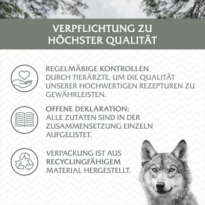 Verpflichtung zu höchster Qualität: Regelmässige Kontrollen durch Tierärzte, offene Deklaration aller Zutaten, Verpackung aus recyclingfähigem Material.