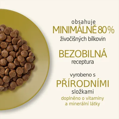 Granule na talíři, text: obsahuje minimálně 80 % živočišných bílkovin, bezobilná receptura, vyrobeno s přírodními složkami, doplněno o vitamíny a minerální látky.