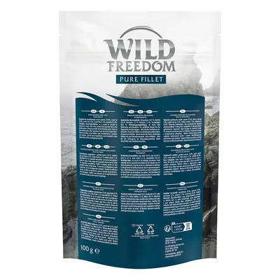 Obal Wild Freedom Pure Fillet, 100 g. Viditelný text ve více jazycích, recyklační symboly, složení a informace o produktu na zadní straně obalu.