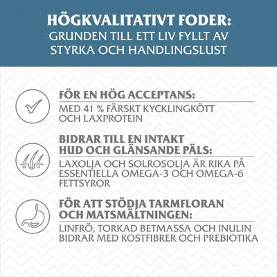 Högkvalitativt foder: styrka och handlingslust. 41 % färskt kycklingkött/laxprotein, laxolja/solrosolja med omega-3/6, linfrö/betmassa/inulin för kostfibrer och prebiotika.