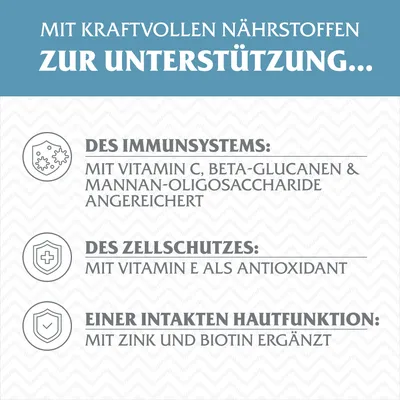 Mit kraftvollen Nährstoffen zur Unterstützung: Immunsystem mit Vitamin C, Beta-Glucanen, Zellschutz mit Vitamin E, Hautfunktion mit Zink und Biotin.